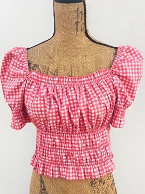Erivel Cropped Gingham Blouse Top Smocked Coral White Size Large